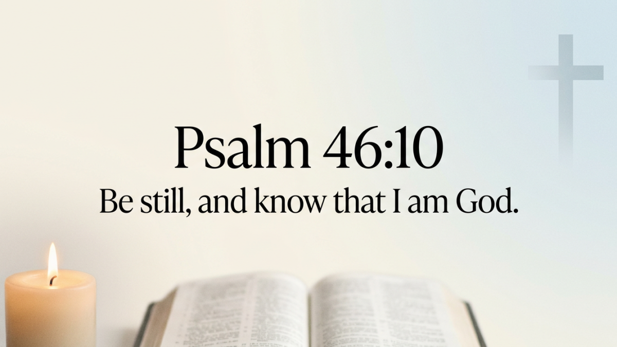 Daily Bible verse Psalm 46:10 with peaceful faith affirmation graphic for stillness, calm, and Christian inspiration today